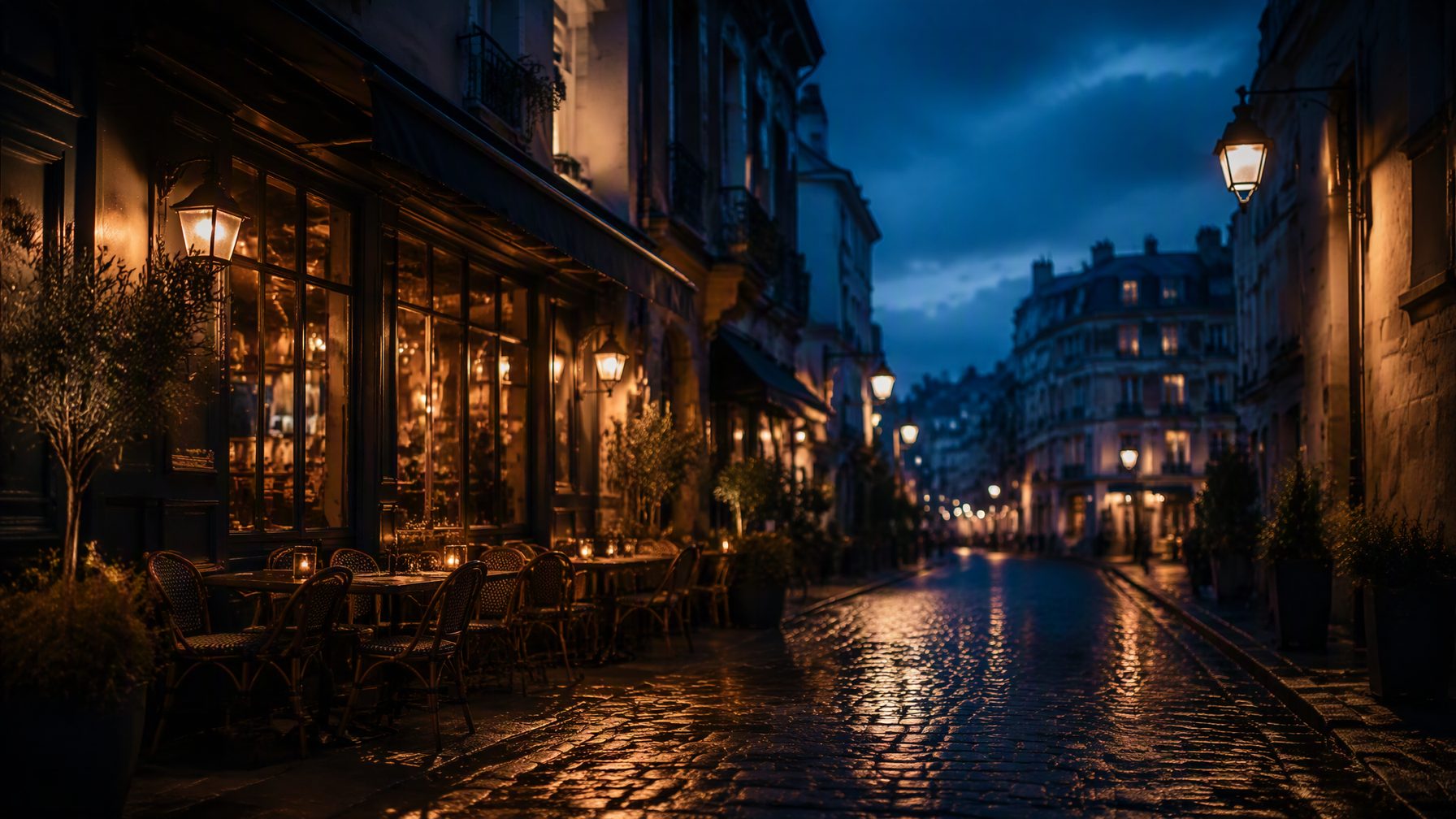 A quiet side street at dusk, cafe lights warming the pavement